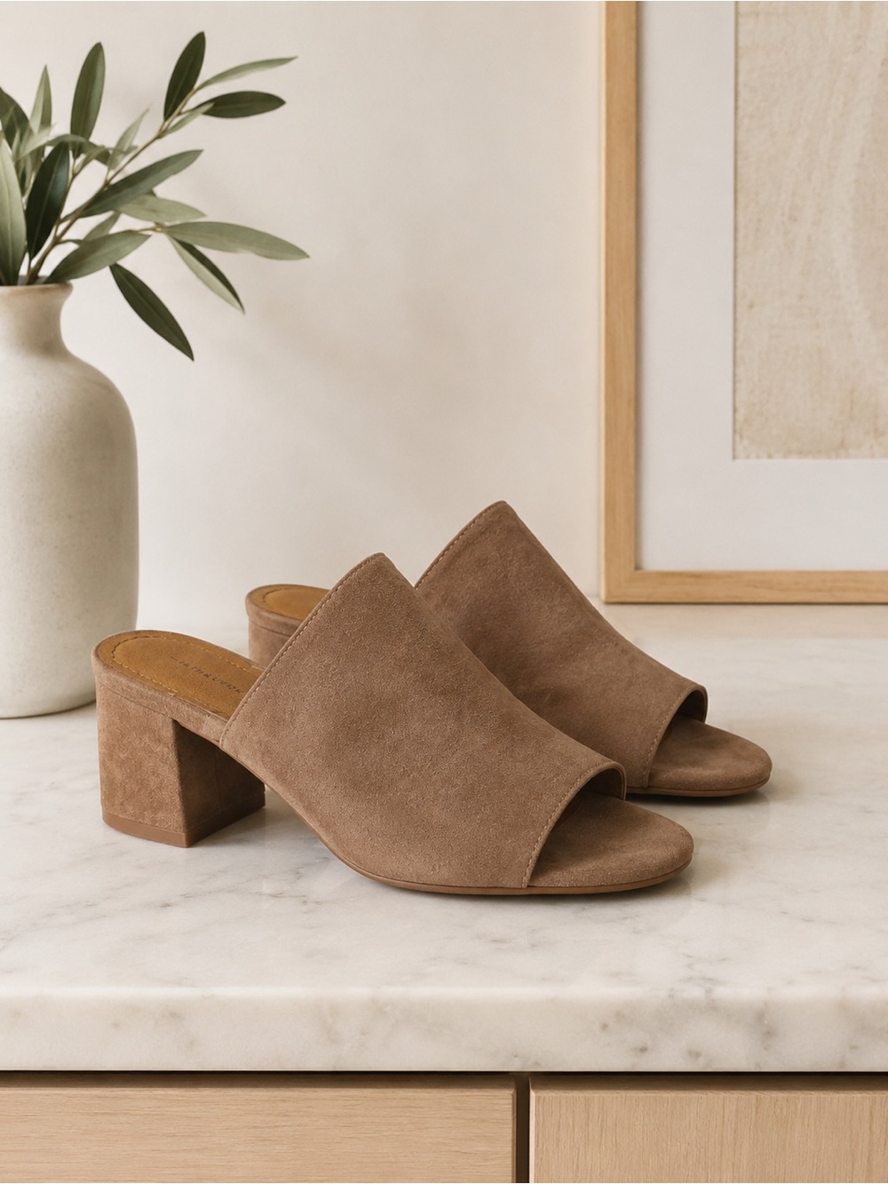 Tan Suede Mules Block Heel Open Toe Slides Minimalist Chic Size 8.5